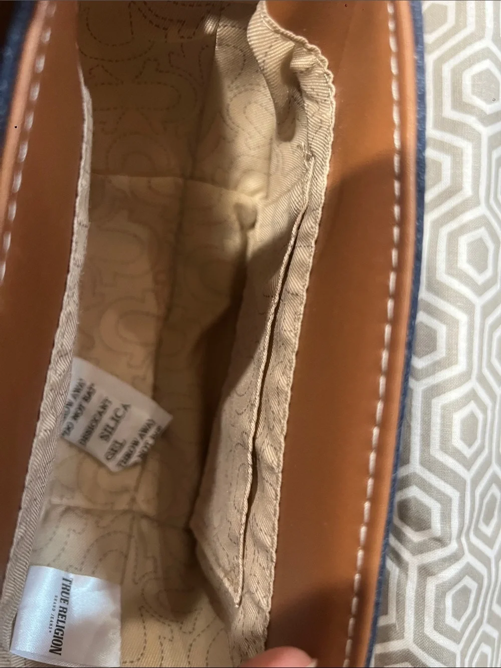 True Religion Denim and Brown Leather Crossbody with Cream Strap